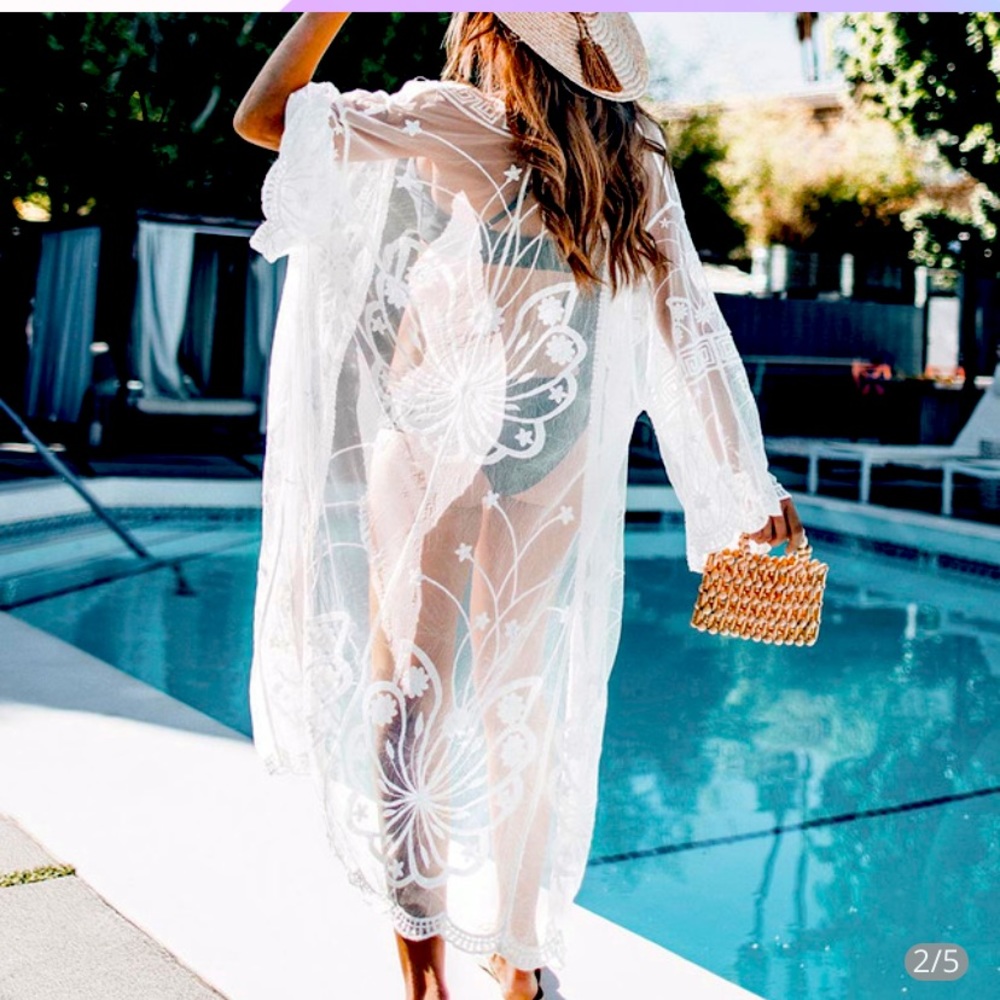 White Scallop Floral Sheer Cover up Swim